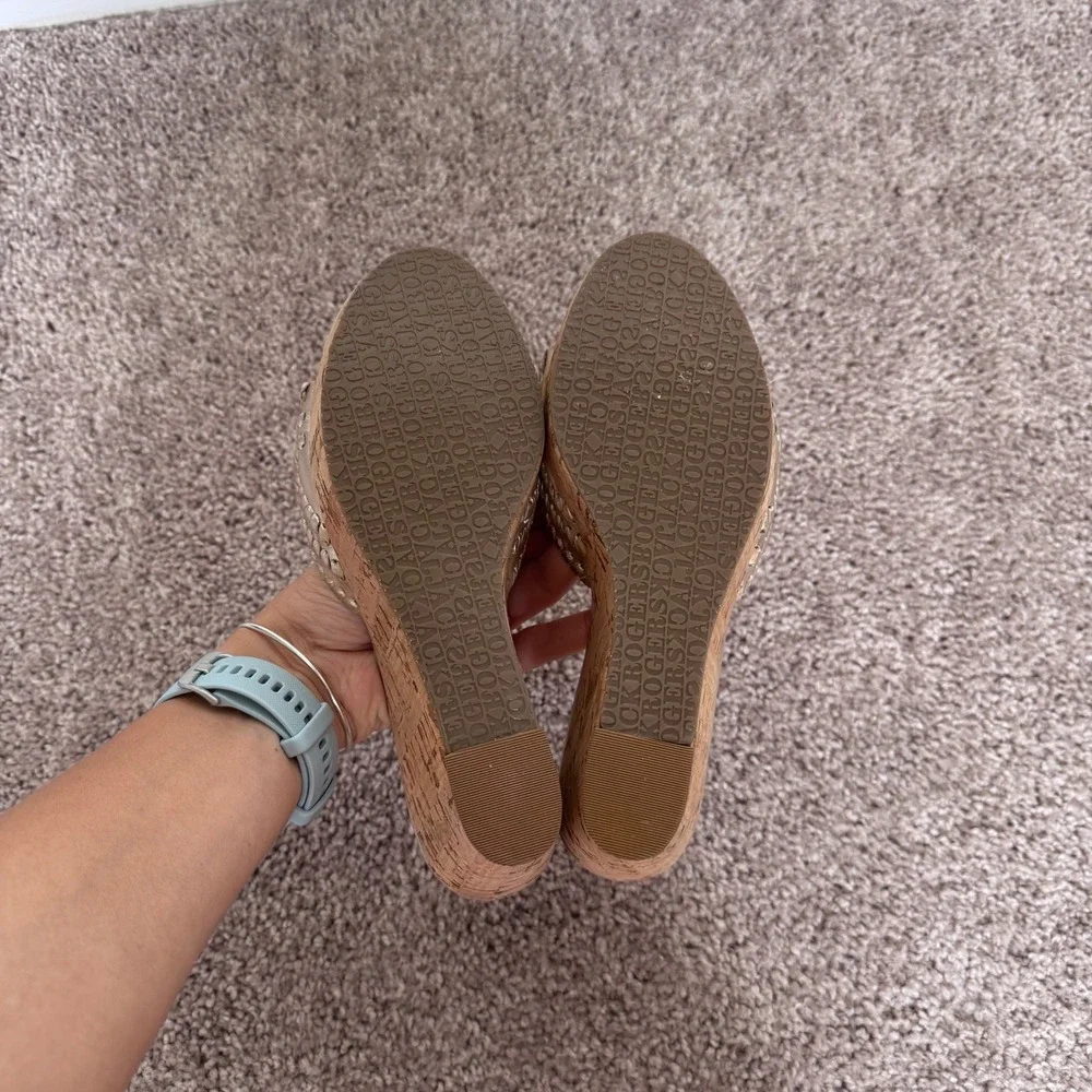 Jack Rogers Gold Leather Whipstitch Cork Wedge Sandals Womens 6.5 Platform Slide